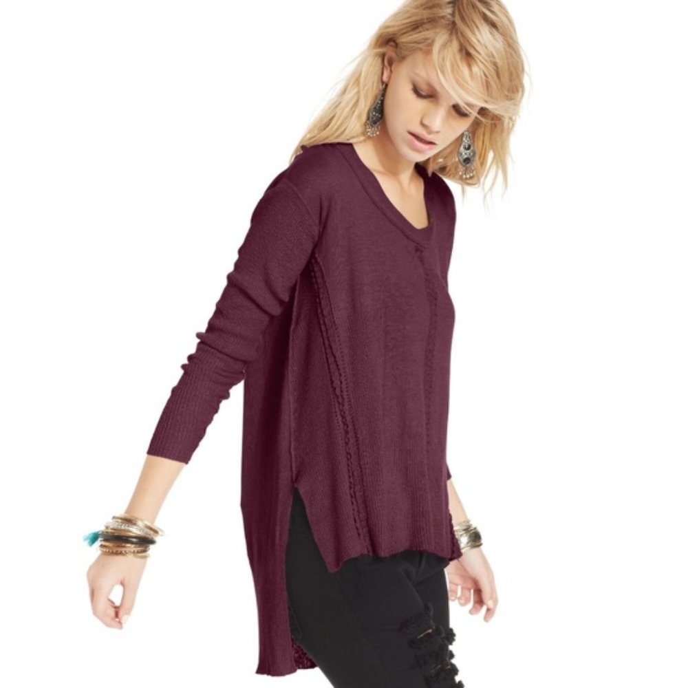 Free People Ribbed Lace Trim High-Low Scoop Neck Purple Tunic Length Sweater S
